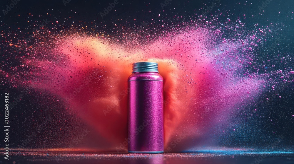 Wall mural pink aerosol can releasing a burst of colorful powders creating a dynamic and playful cloud capturin