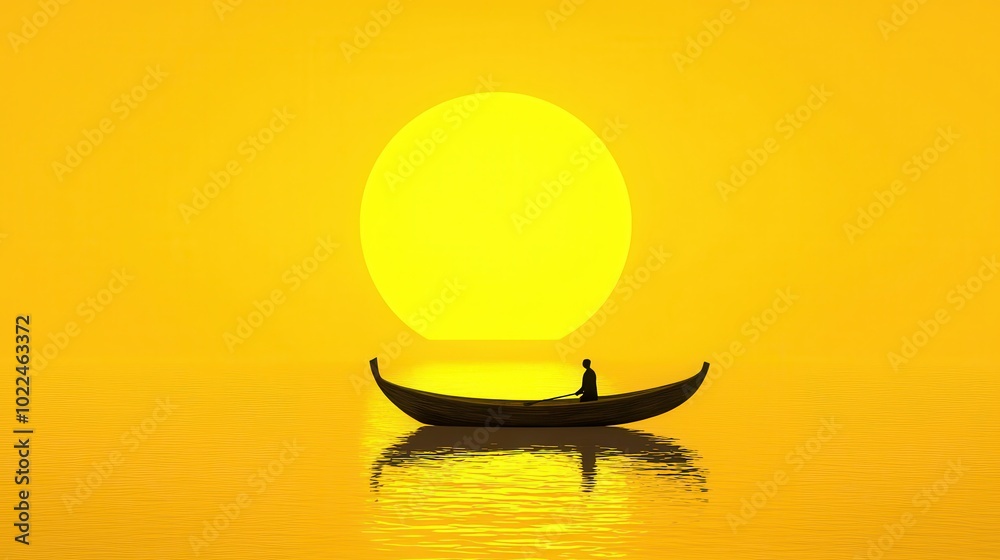 Poster Silhouette of a person rowing a boat into a yellow sunset.