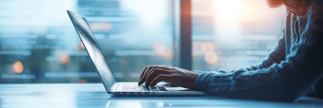Business woman hands typing on office laptop computer keyboard, working online with copy space for text, Female business concept