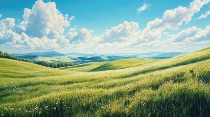 Fototapeta premium Lush Green Grassy Hills Under a Blue Sky with White Clouds