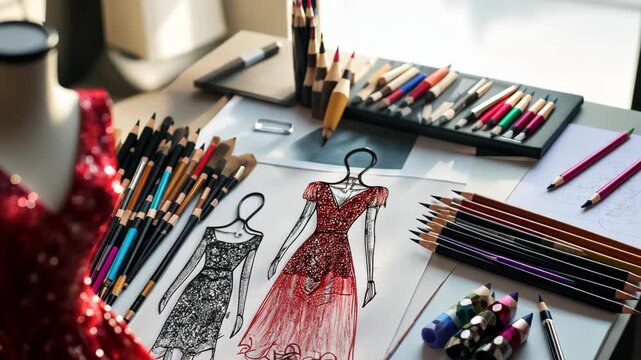 A fashion designer sketches designs for a dress on a table surrounded by pencils, brushes, and colored pencils