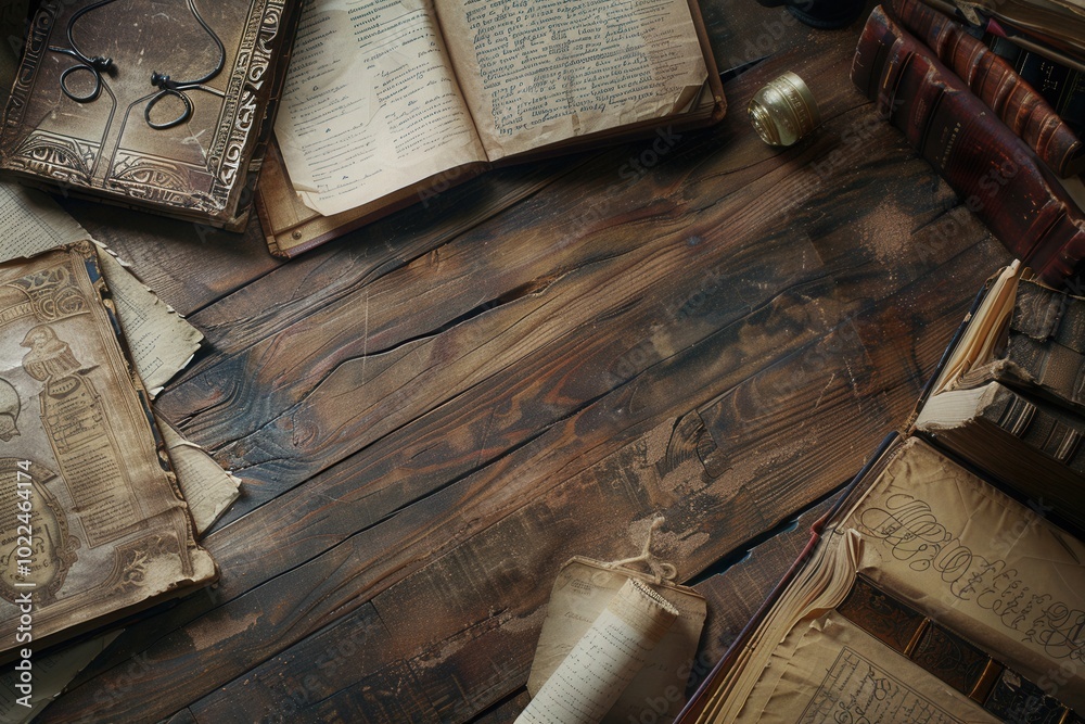 Fototapete A collection of ancient books and scrolls is displayed on a rustic wooden table, revealing treasures from history and knowledge. Generative AI