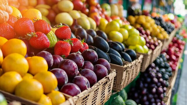 A market stall displays a colorful selection of fresh fruits, including oranges, plums, strawberries, and green apples
