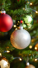 Sparkling colorful Christmas ornaments hanging on a green tree with twinkling fairy lights, creating a magical holiday atmosphere