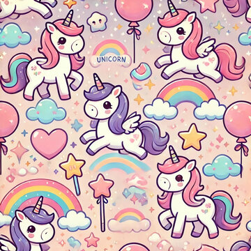 Seamless pattern of cute cartoon unicorns in magical settings, featuring rainbow-colored manes, stars, clouds, and sparkles.