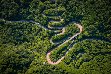 Aerial view of a winding mountain road in Fuji-Hakone Izu National Park, Japan
