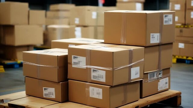 Cardboard boxes wrapped in plastic with shipping labels are stacked on top of each other on a wooden pallet in a warehouse. The image suggests a busy distribution center