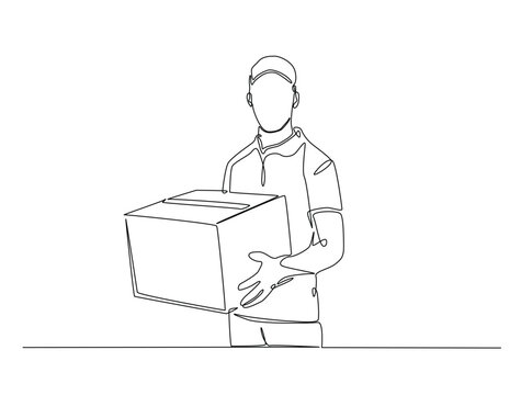 recommend clip art: Continuous one line drawing of delivery courier man carries cardboard box package. Transport company, Moving service, Service delivery line art vector illustration. Editable vector.