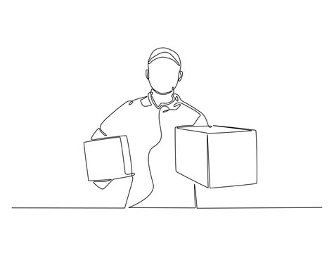 recommend clip art: Continuous one line drawing of delivery courier man carries cardboard box package. Transport company, Moving service, Service delivery line art vector illustration. Editable vector.