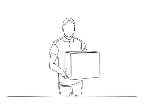 recommend clip art: Continuous one line drawing of delivery courier man carries cardboard box package. Transport company, Moving service, Service delivery line art vector illustration. Editable vector.