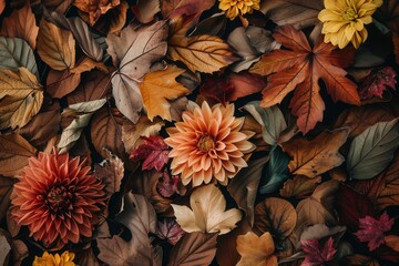 A beautiful arrangement of autumn leaves and colorful flowers harmonizes, showcasing rich warm tones typical of fall's changing landscape. Generative AI