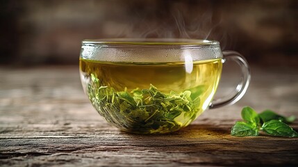 A Glass Cup of Hot Green Tea with Steam and Mint Leaves on a Wooden Surface