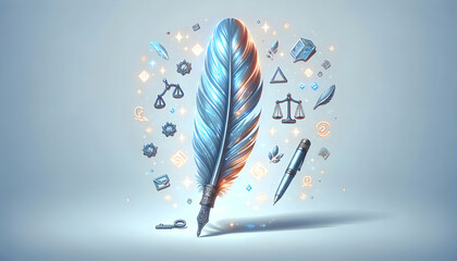 Flat Glossy Holographic Feather Pen with Glowing Legal Symbols on White Background - A Concept Illustrating Advocacy for Human Rights and Legal Justice with Copy Space Available