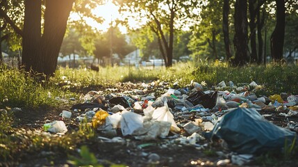 Obraz premium Littered Forest Path at Sunset