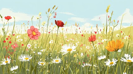 Vibrant Wildflowers in a Lush Green Meadow Under a Clear Sky