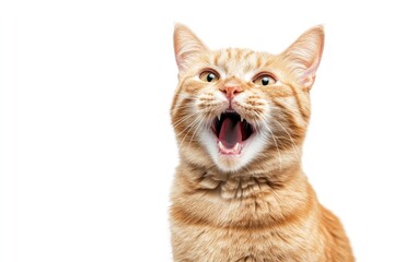 Fototapeta premium A cute funny ginger cat meowing on white wall background