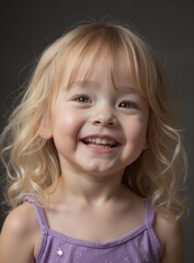 Naklejka premium models : minjoo - Joyful Blonde Toddler Girl with Dimpled Smile in Purple Top, Close-up Portrait