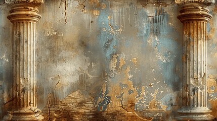 ancient greece and roman empire wallpaper with columns and old buildings, aged texture with stucco and peeling paint, vintage background with antique patterns and architecture