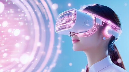 Naklejka premium Young woman wearing VR glasses