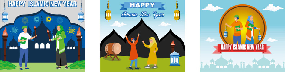 Muslims carry torches to celebrate the Hijri New Year. Happy Islamic New Year Celebration at the Mosque. Happy Islamic New Year 1 Muharram or Hijri New Year. Set flat vector modern illustration