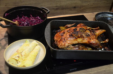 duck meat, red cabbage, potato pancakes, lokse, Czech and European traditional autumn food