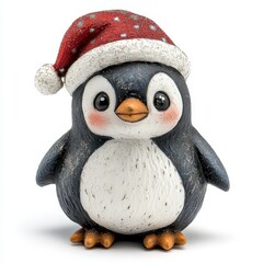 Fototapeta premium Adorable Penguin Figurine with Christmas Hat on White Background