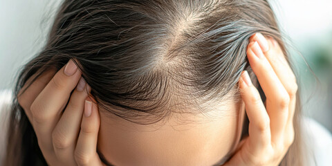 Fototapeta premium Close up of a woman with her head in her hands. She is showing signs of female pattern hair loss, generative AI
