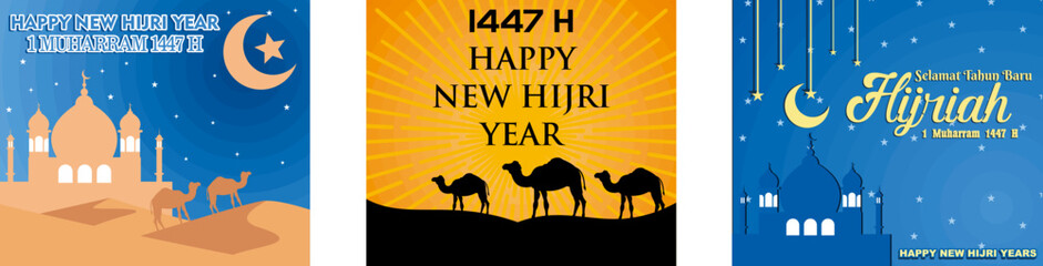 Happy new Hijri Year. Happy new Hijri year 1447. Islamic happy hijri new years. Set flat vector modern illustration