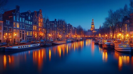 Obraz premium A beautiful evening at the Amsterdam Light Festival, colorful lights and artistic installations glowing brightly along the canals, boats passing under illuminated arches.