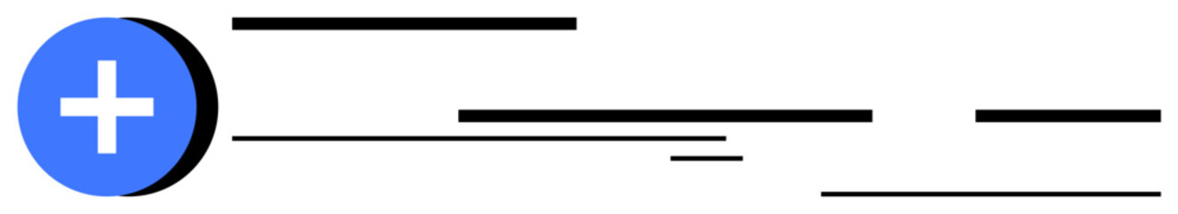 A blue circle with a white cross inside is positioned on the left, adjacent to multiple horizontal black lines on a white background. Ideal for healthcare, medical, minimalism, simplicity