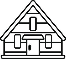 Simple black and white icon of a wooden chalet with a porch and three windows, evoking holidays in the mountains