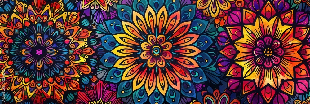 Poster colorful floral mandalas come alive with intricate designs, filling the space with vibrant hues and 
