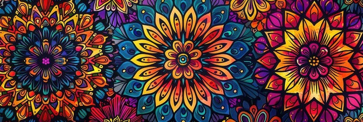 Colorful floral mandalas come alive with intricate designs, filling the space with vibrant hues and captivating patterns that inspire creativity. Generative AI
