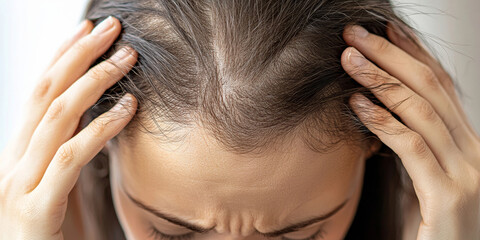 Fototapeta premium Close up of a woman with her head in her hands. She is showing signs of female pattern hair loss, generative AI
