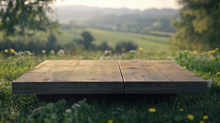 Naklejka premium Serenity in Nature with Wooden Platform in Field