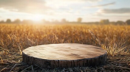 Sunlit Wood Slice on Golden Field at Dusk