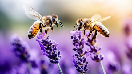 Bees pollinating lavender flowers in a vibrant field.