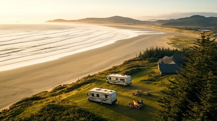 Scenic beachside camping with RVs and a campfire.