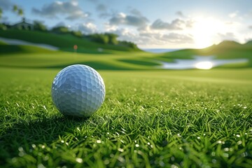 Obraz premium Golf ball on lush green grass near hole with beautiful landscape background, sport golfing competition vacation