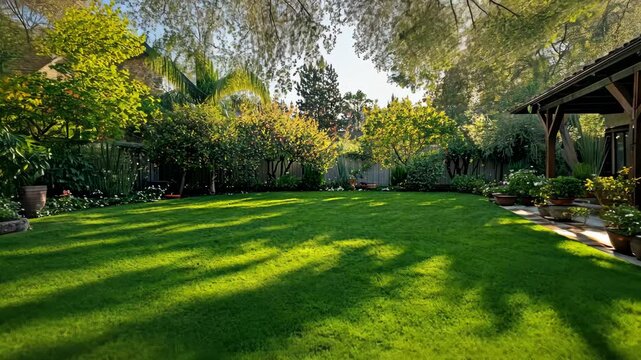 A lush green lawn stretches out in the backyard of a suburban home, bathed in dappled sunlight filtering through the trees