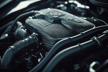 Car engine with black plastic pipes and wires, close-up photo