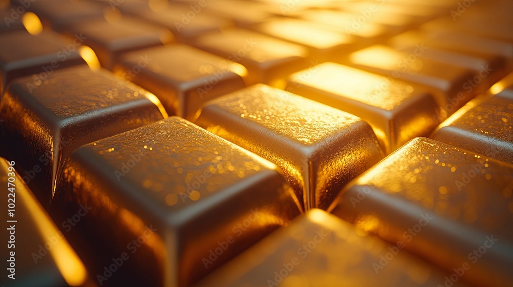 Wall mural close-up of a stack of shiny gold bars with sunlight reflecting off them