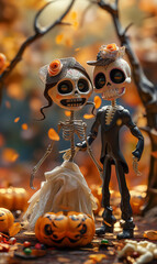 Cute skeleton couple celebrating Halloween in a playful and spooky atmosphere.