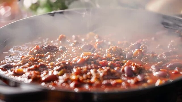 Cast iron pot simmering chili con carne on a stovetop with steam coming from the delicious food. The ingredients include ground beef, beans, tomatoes and chili spices