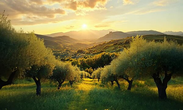 Serene landscape with olive trees and a golden sunset.