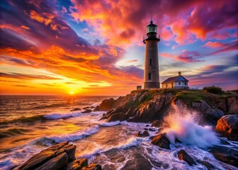 Fototapeta premium Stunning Silhouette of a Lighthouse on a Coastal Island at Sunset