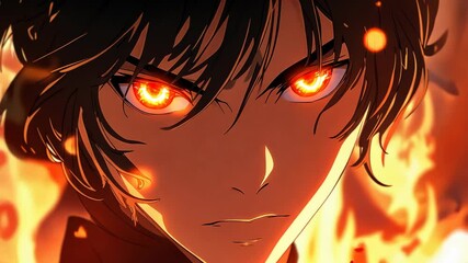 A close-up shot of an anime character with fiery orange eyes, surrounded by flames