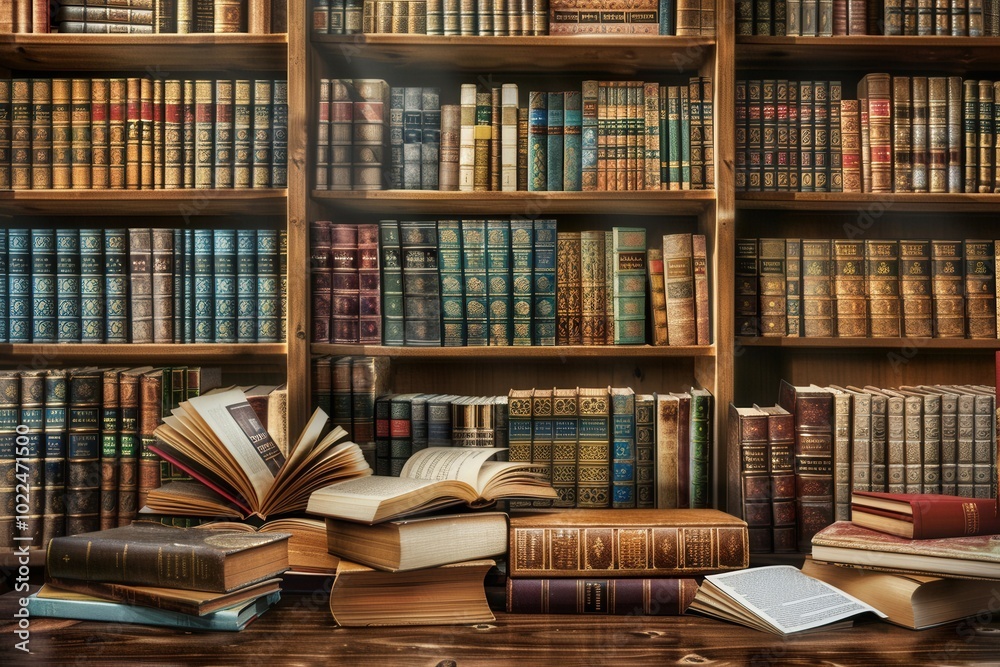 Poster a cozy library features wooden shelves filled with an extensive collection of textbooks and academic