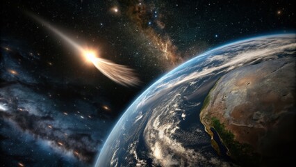 Stunning Tilt-Shift View of Earth with a Close Comet in Outer Space - A Unique Perspective on Cosmic