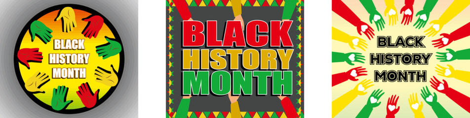 African American history. Human hands assembling text Black history month. Diverse group of people celebrating Black History Month. Set flat vector modern illustration